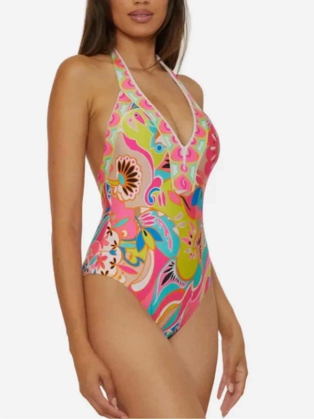 NWT Trina Turk L67232 Women's Multi Venus Plunge One-Piece Swimsuit Size 6